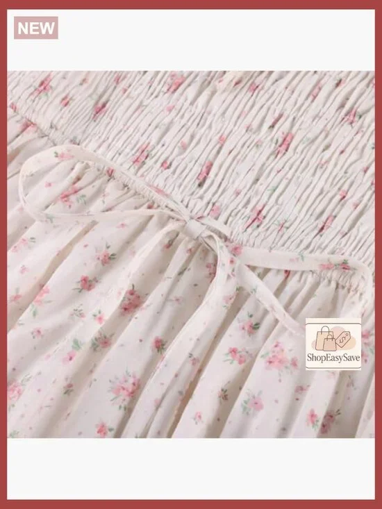 Floral Cotton Dress Cottagecore Square Neck Smocked Bodice Midi Dress - Picture 5 of 7